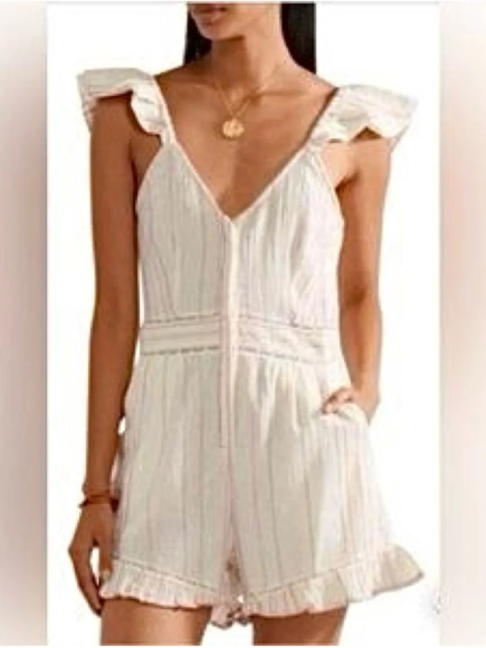 LoveShackFancy Cream & Pink Embroidered Striped Ruffle One Piece Romper NWT Sz 4